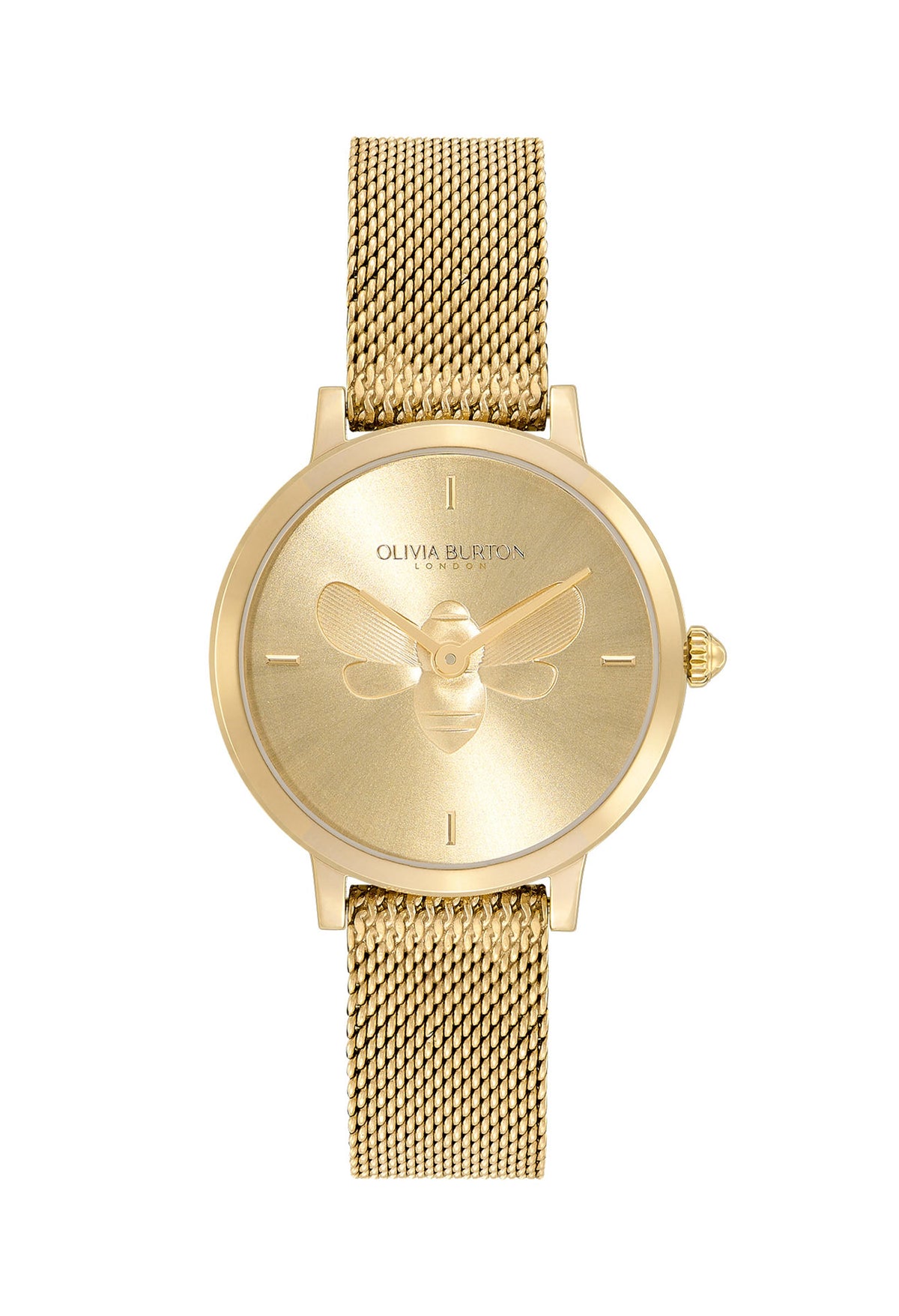 Close-up of Olivia Burton gold watch featuring a delicate bee design; stylish ladies' time piece. OLIVIA BURTON LONDON on