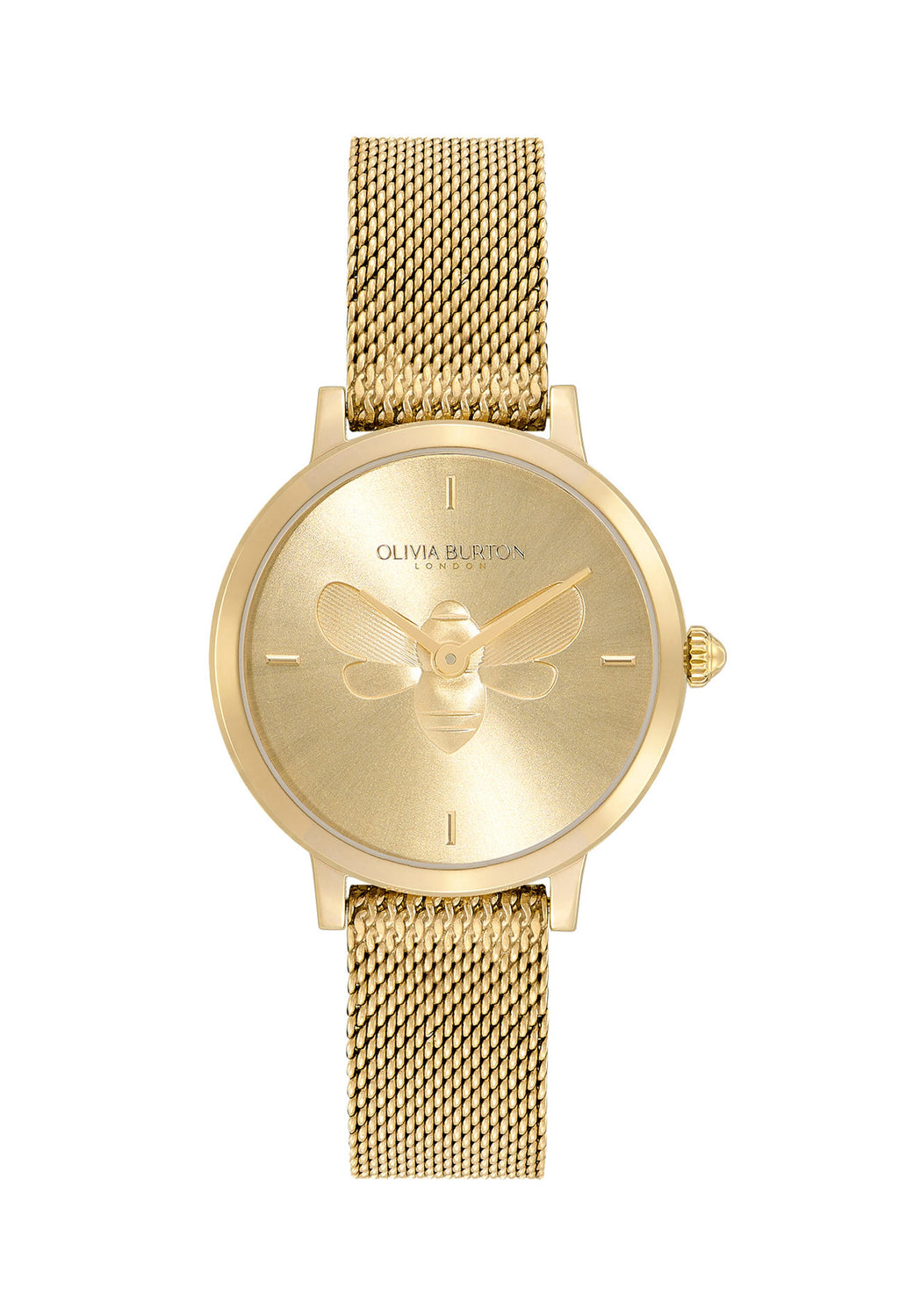 Close-up of Olivia Burton gold watch featuring a delicate bee design; stylish ladies' time piece. OLIVIA BURTON LONDON on