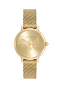 Close-up of Olivia Burton gold watch featuring a delicate bee design; stylish ladies' time piece. OLIVIA BURTON LONDON on
