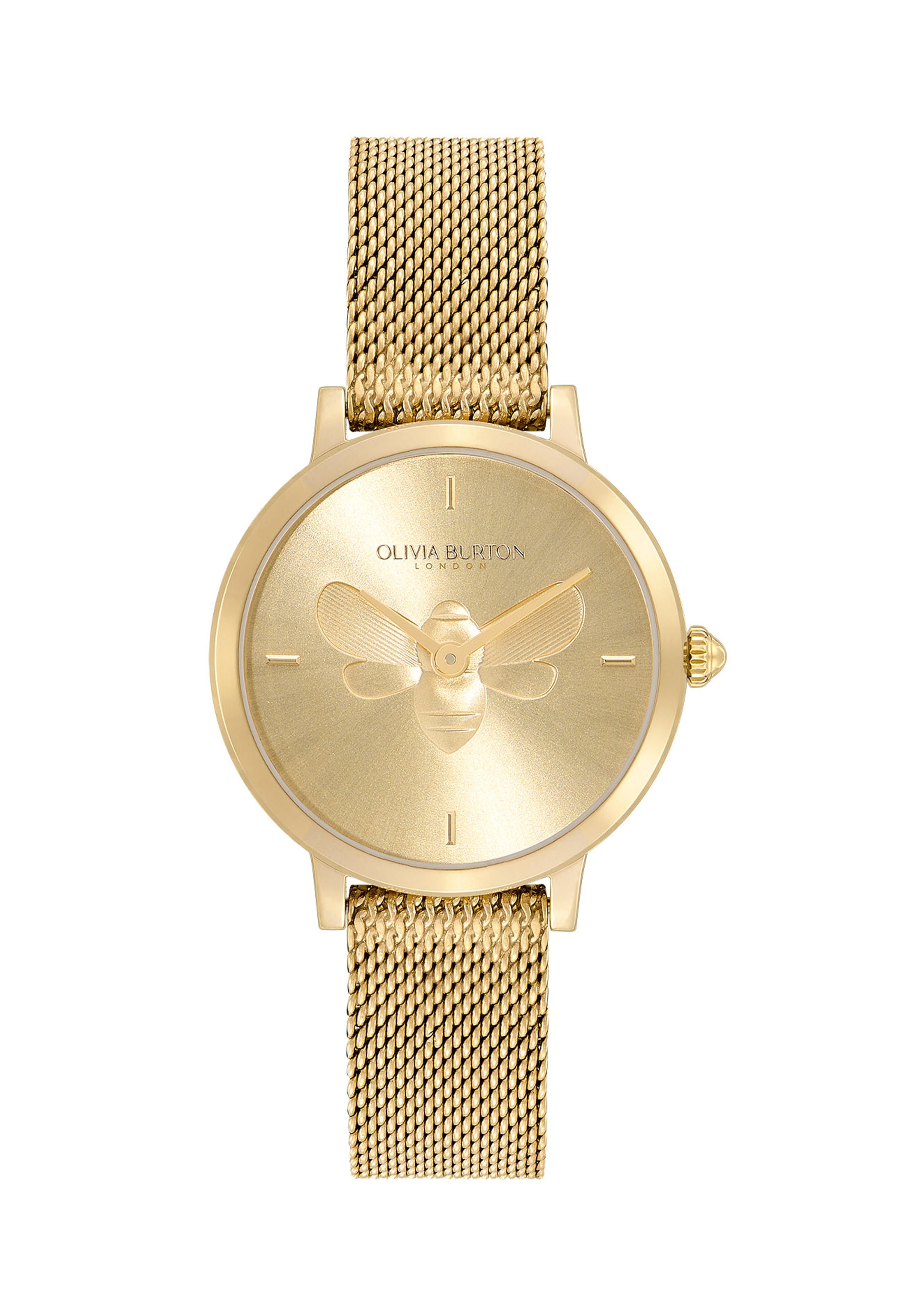 Close-up of Olivia Burton gold watch featuring a delicate bee design; stylish ladies' time piece. OLIVIA BURTON LONDON on