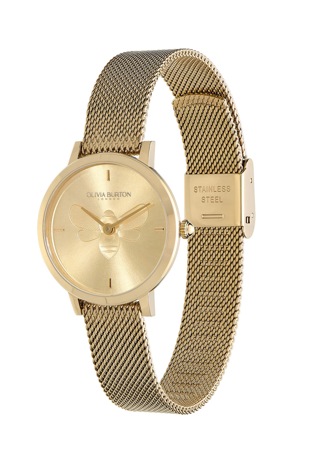 Olivia Burton gold watch with bee detail on the face, showcasing the mesh strap and 'Stainless Steel' clasp.