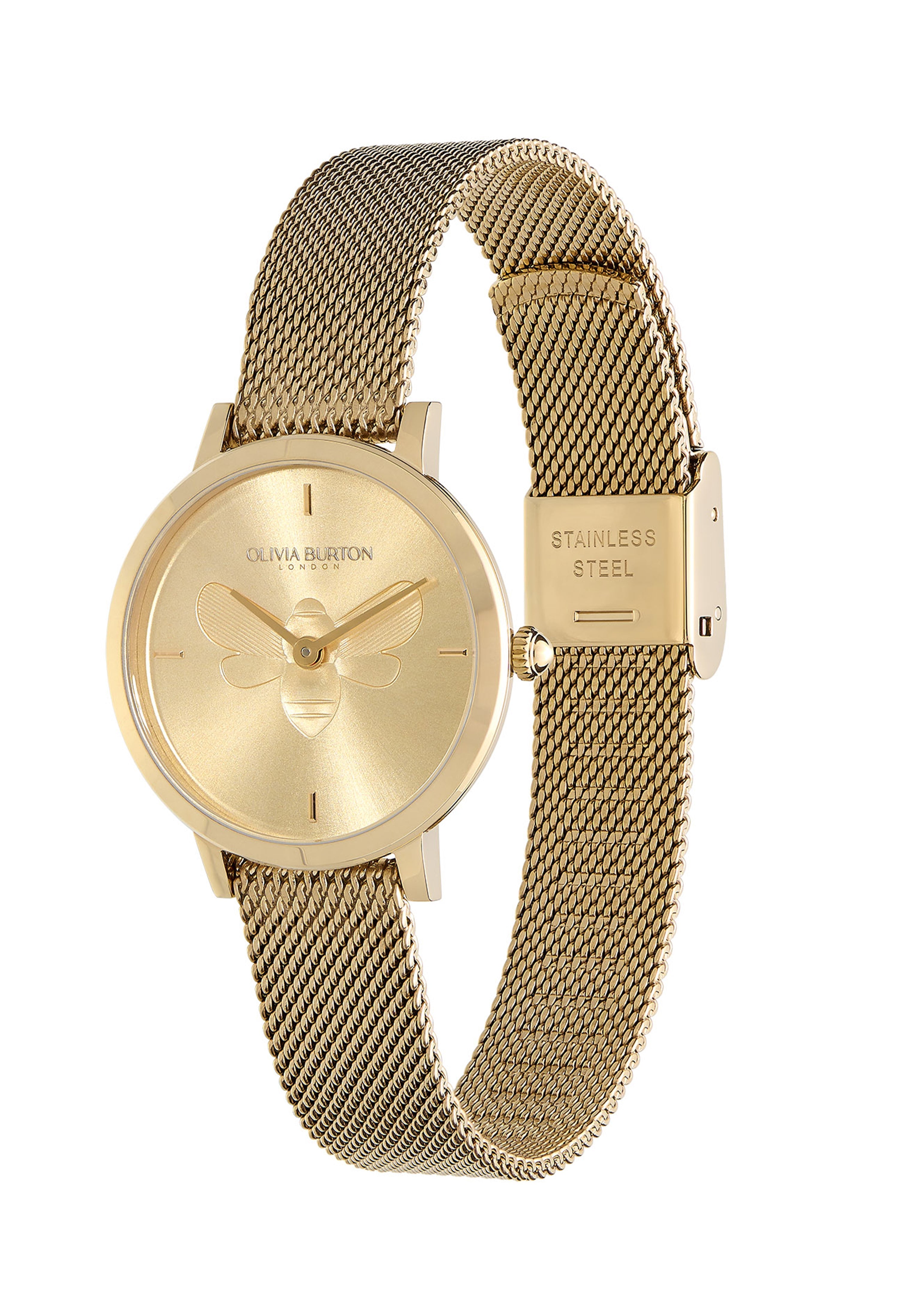 Olivia Burton gold watch with bee detail on the face, showcasing the mesh strap and 'Stainless Steel' clasp.
