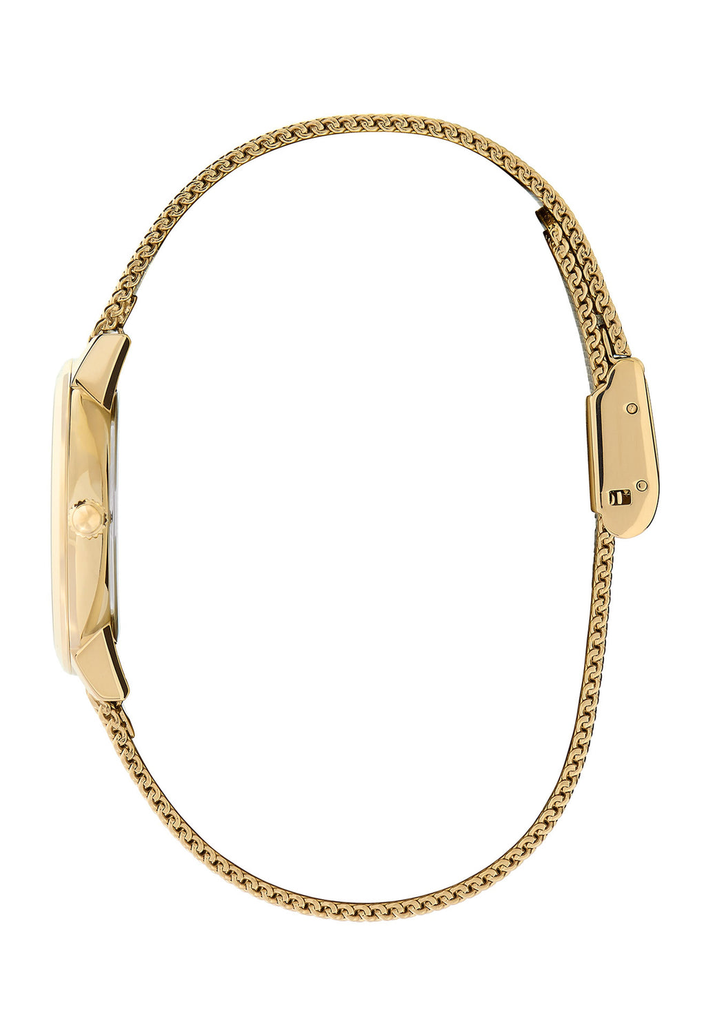 Side view of the Olivia Burton Ultra Slim bee watch. Gold-plated mesh strap showcasing the watch design and clasp.