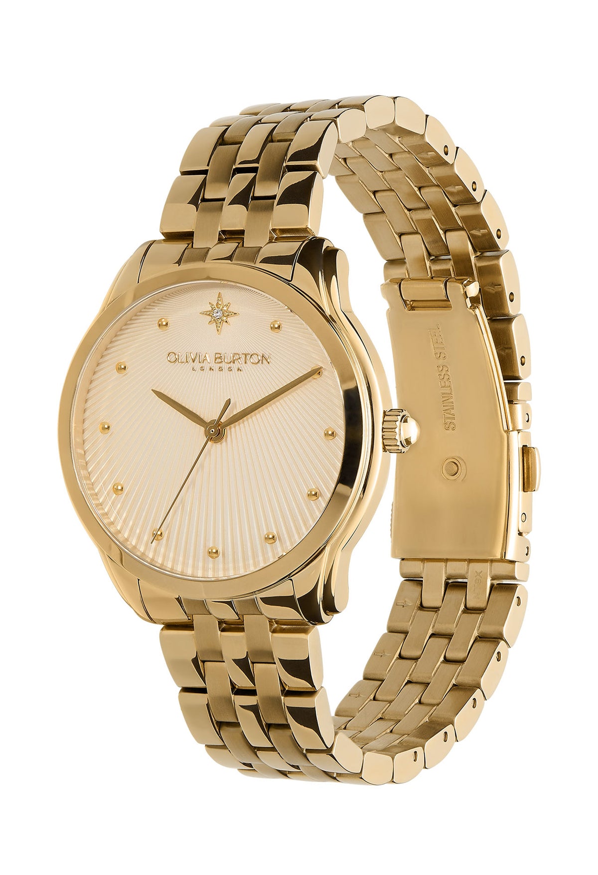 Close-up of the Olivia Burton Starlight gold-plated bracelet watch, showcasing the textured dial and woven-style band.