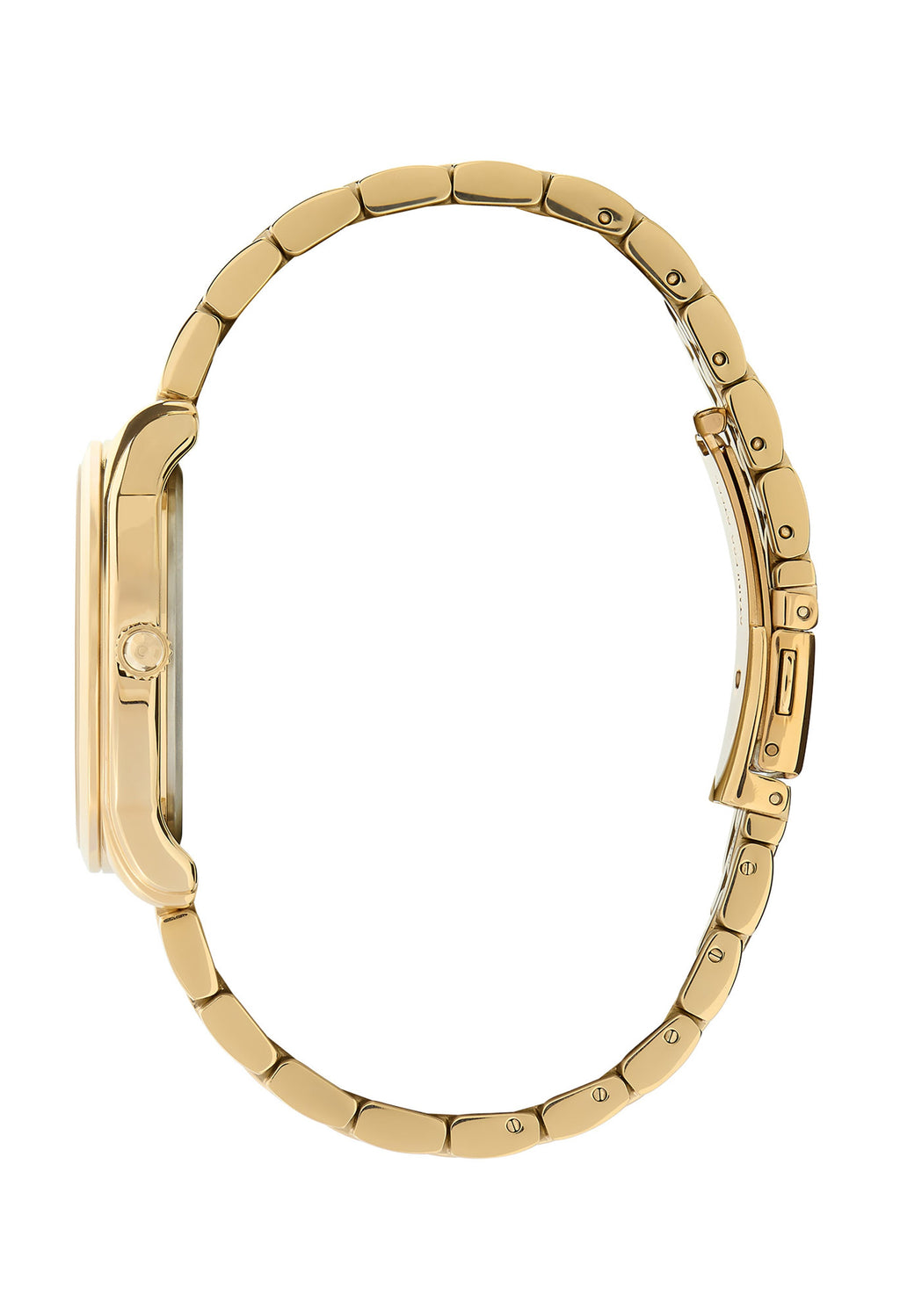 Close-up of the Olivia Burton Starlight gold watch showing bracelet detail and side profile on a white background.