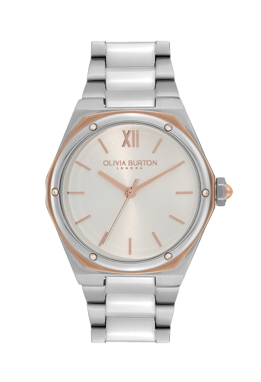 Olivia Burton watch close-up, highlighting two-tone stainless steel & hexagon design of Sports Luxe Hexa bracelet watch.