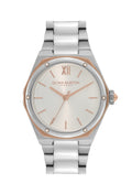 Olivia Burton watch close-up, highlighting two-tone stainless steel & hexagon design of Sports Luxe Hexa bracelet watch.