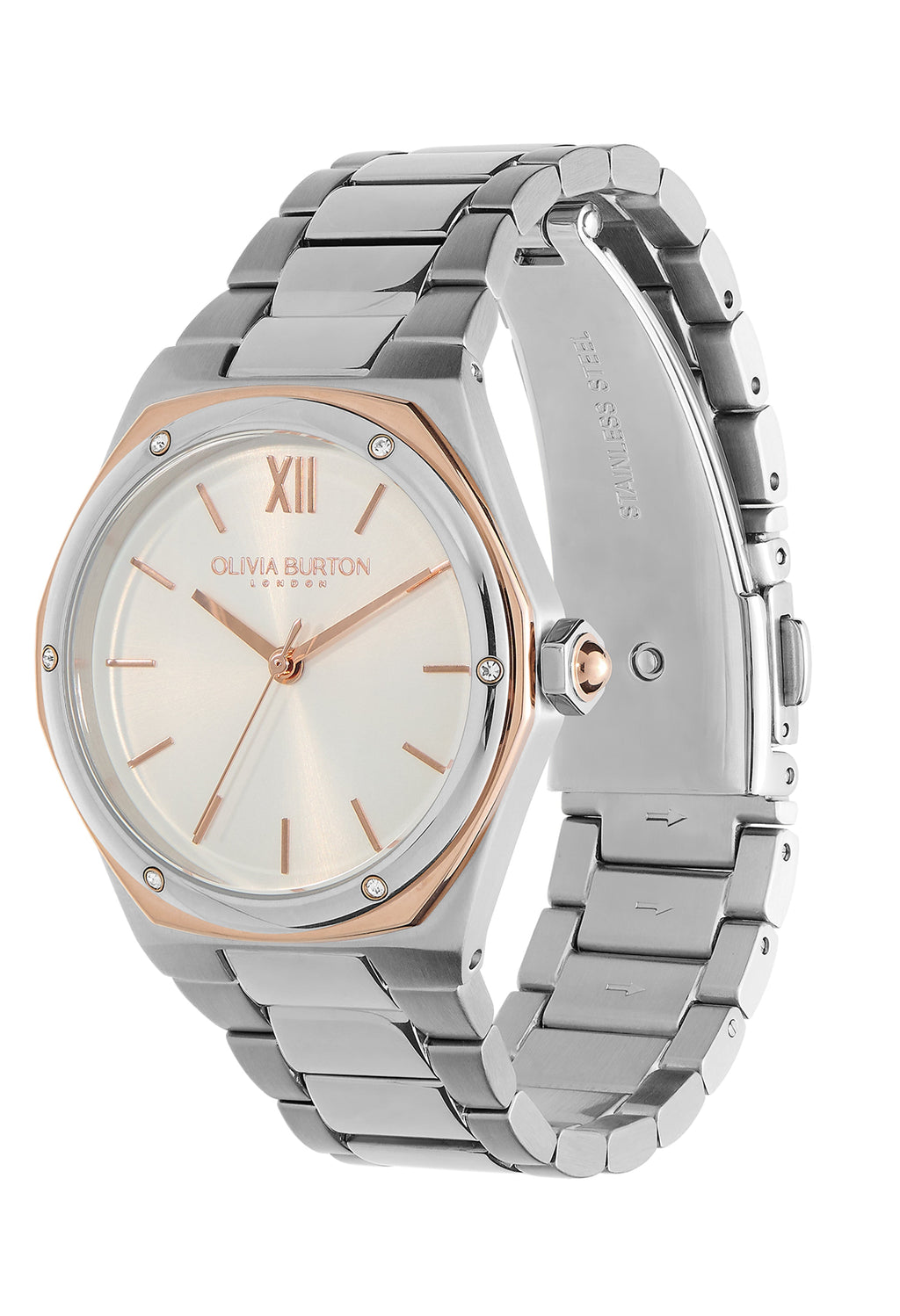 Close-up of the Olivia Burton Sports Luxe Hexa Two Tone Watch, showcasing bracelet and dial details.