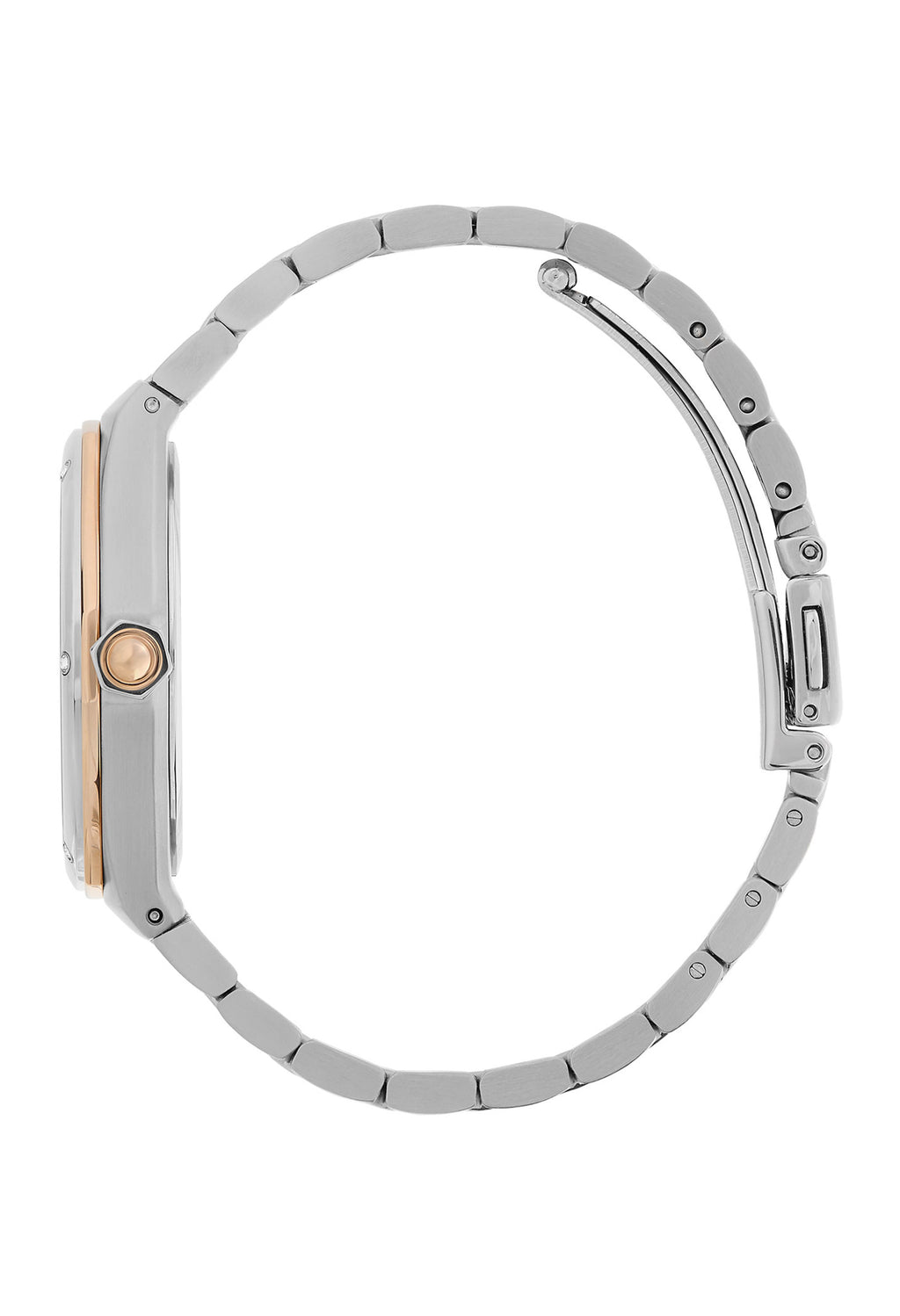 Side view of the Olivia Burton Sports Luxe watch showcasing its two-tone design and bracelet style.