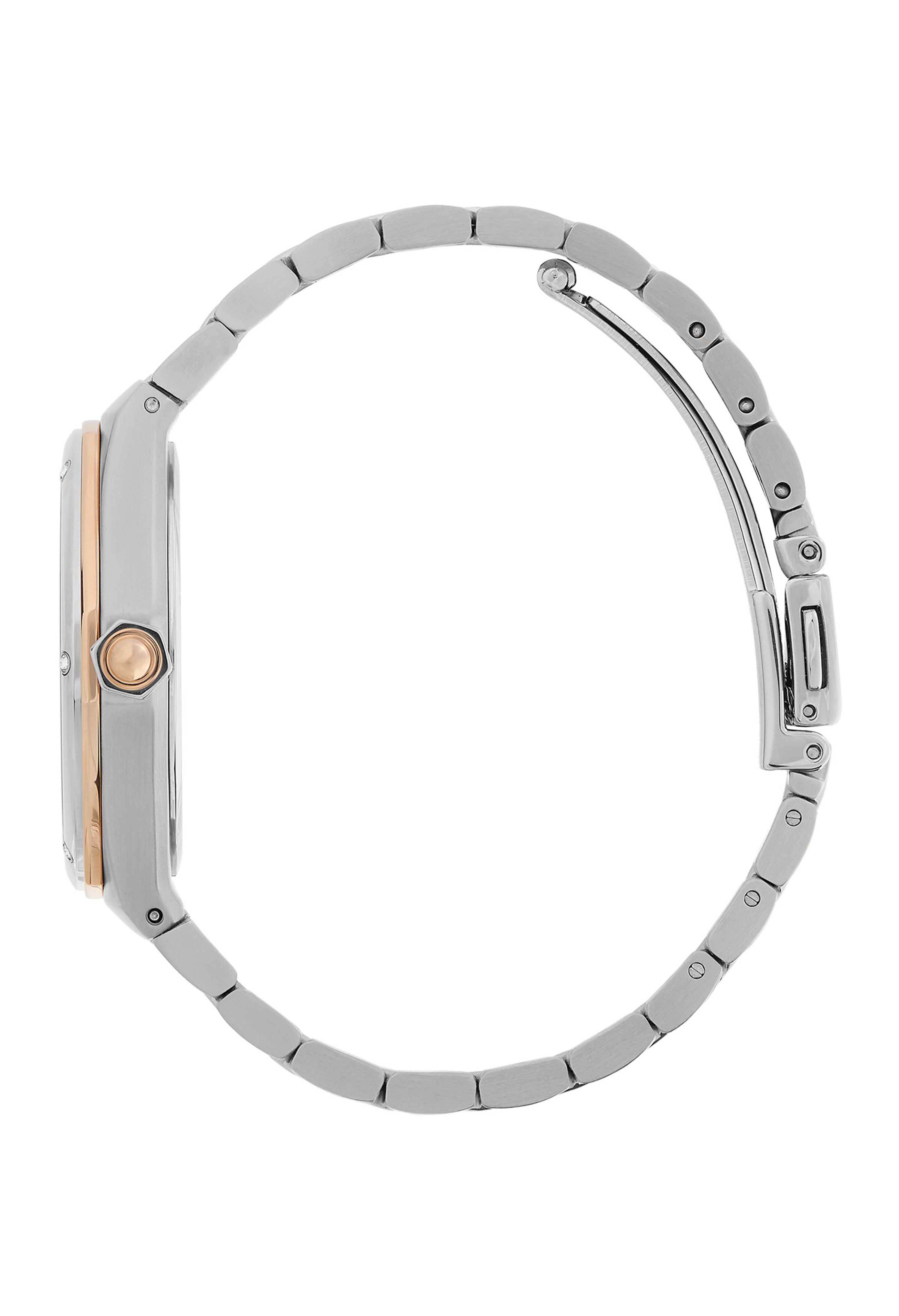 Side view of the Olivia Burton Sports Luxe watch showcasing its two-tone design and bracelet style.