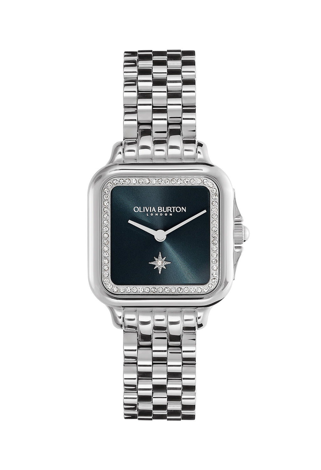 Olivia Burton Grosvenor Square watch showing the blue crystal dial & silver bracelet. Perfect wrist accessory.