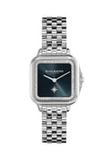 Olivia Burton Grosvenor Square watch showing the blue crystal dial & silver bracelet. Perfect wrist accessory.