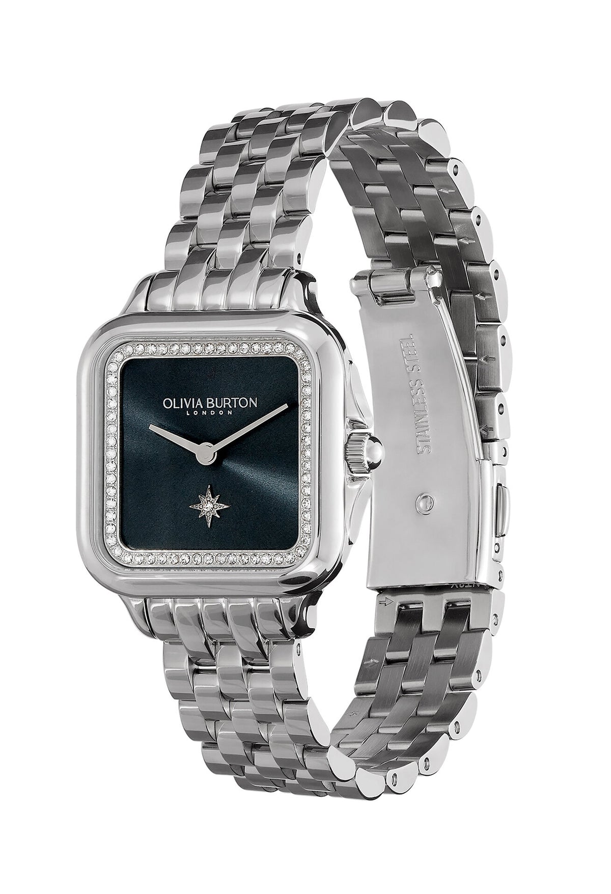 Olivia Burton Grosvenor Square watch showcasing the crystal bezel and dark blue dial with a star detail. Stainless steel