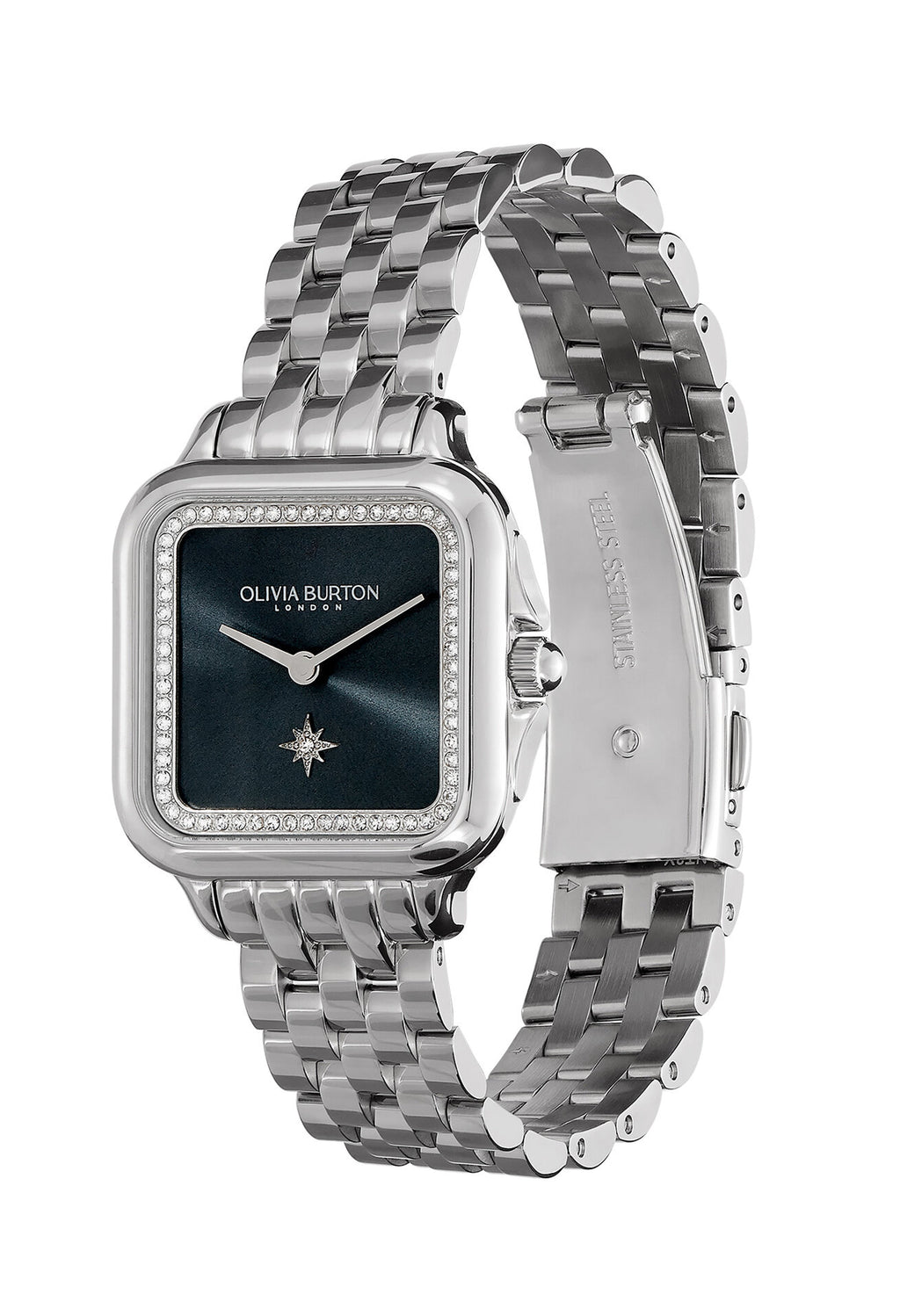Olivia Burton Grosvenor Square watch showcasing the crystal bezel and dark blue dial with a star detail. Stainless steel