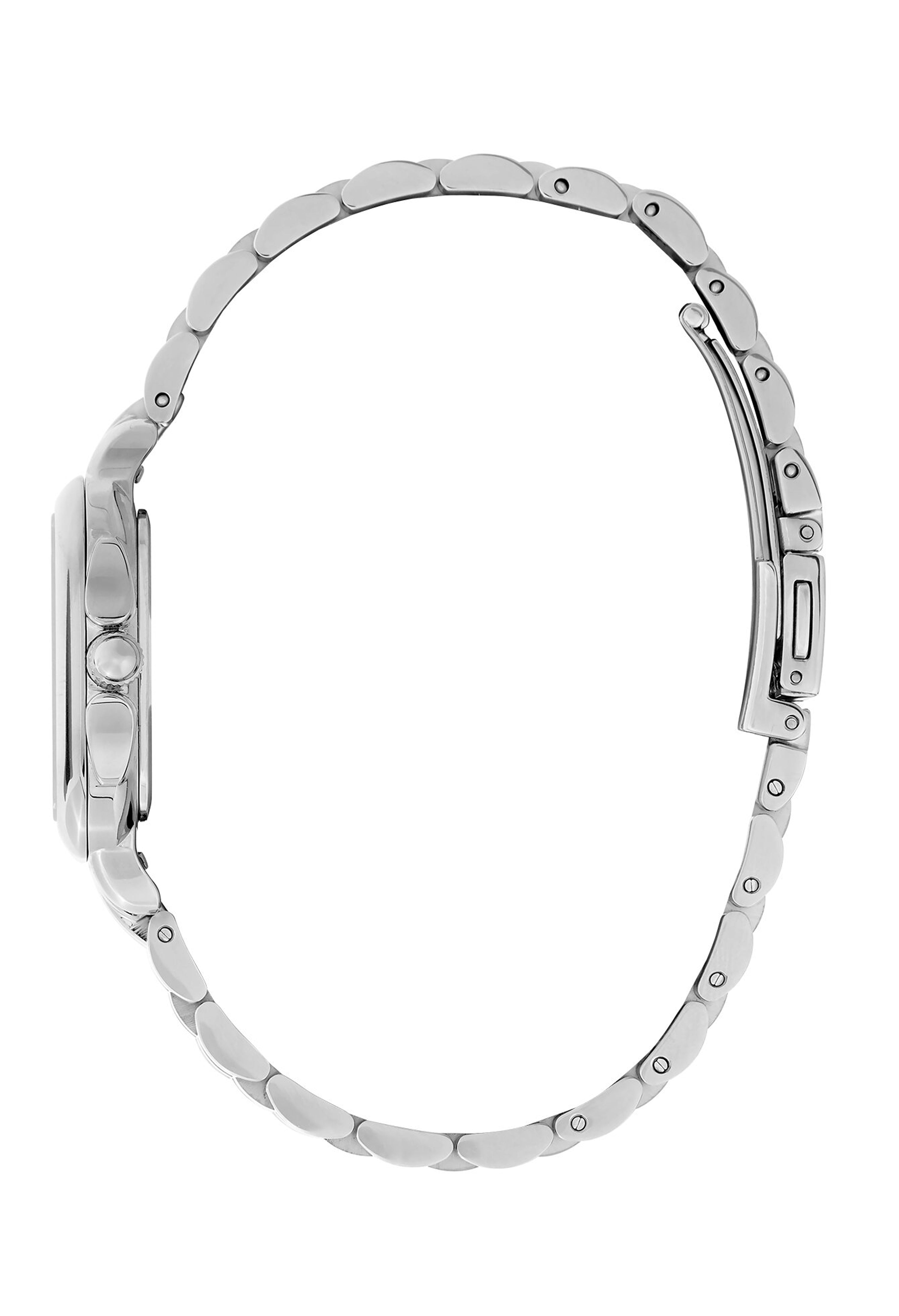 Side view of the Olivia Burton Grosvenor Square watch, highlighting its silver-tone band and crystal dial detail.