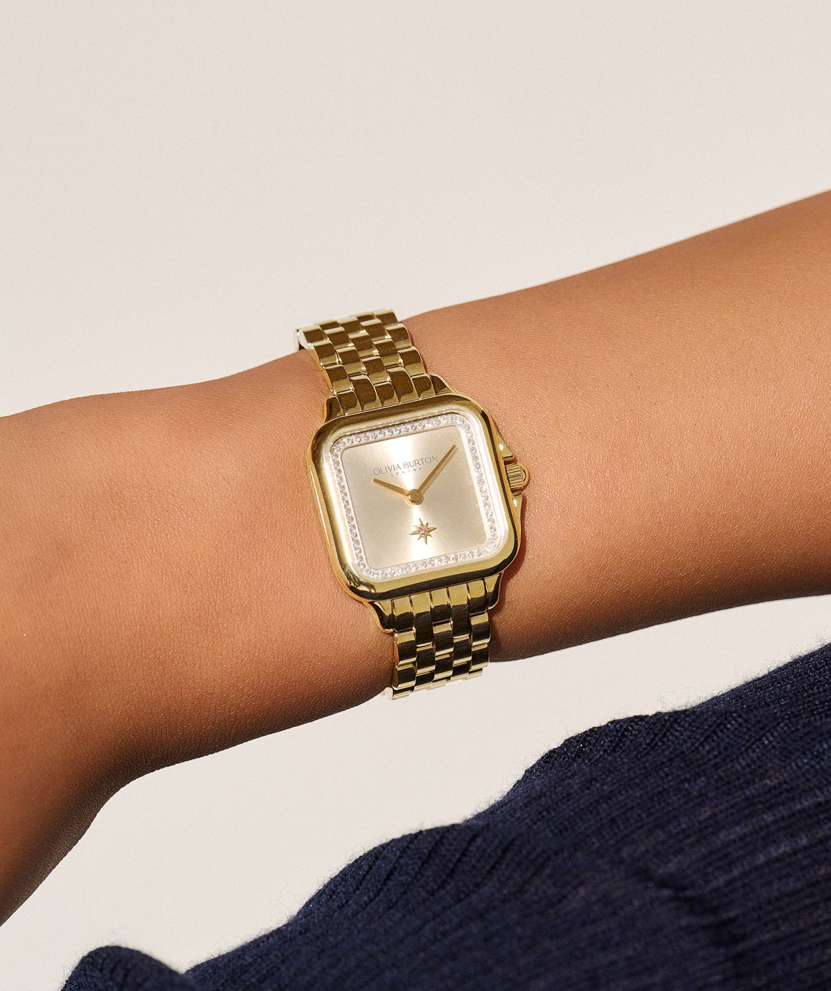 The Olivia Burton Grosvenor Square gold crystal dial bracelet watch gold plated, a gold plated bracelet watch from Olivia Burton, available at OD’s Jewellers in St Helens