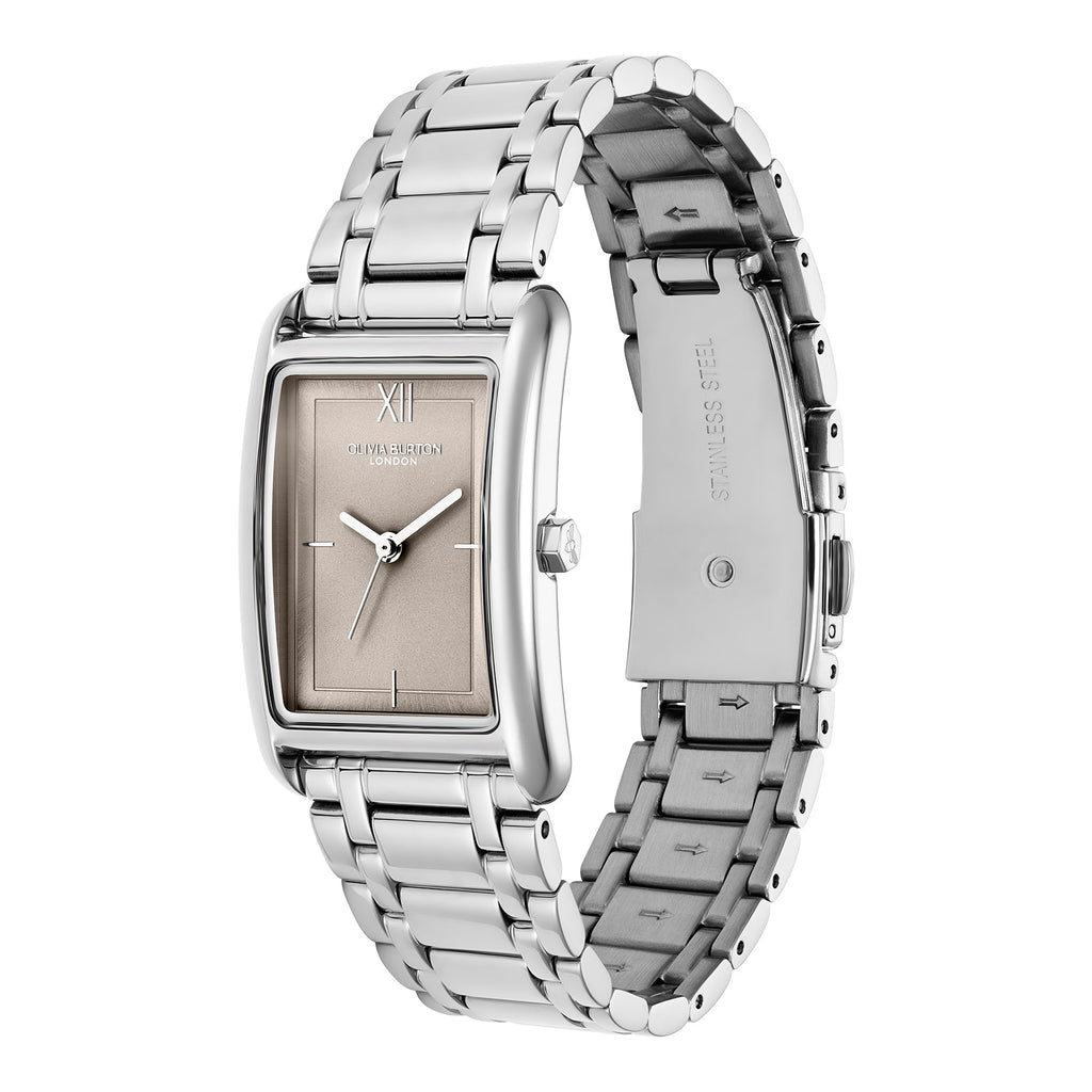 The Olivia Burton Ladies Classics Grove Grey Tank Dial Bracelet Watch, a grey stainless steel bracelet watch from Olivia Burton, OD’s Jewellers St Helens