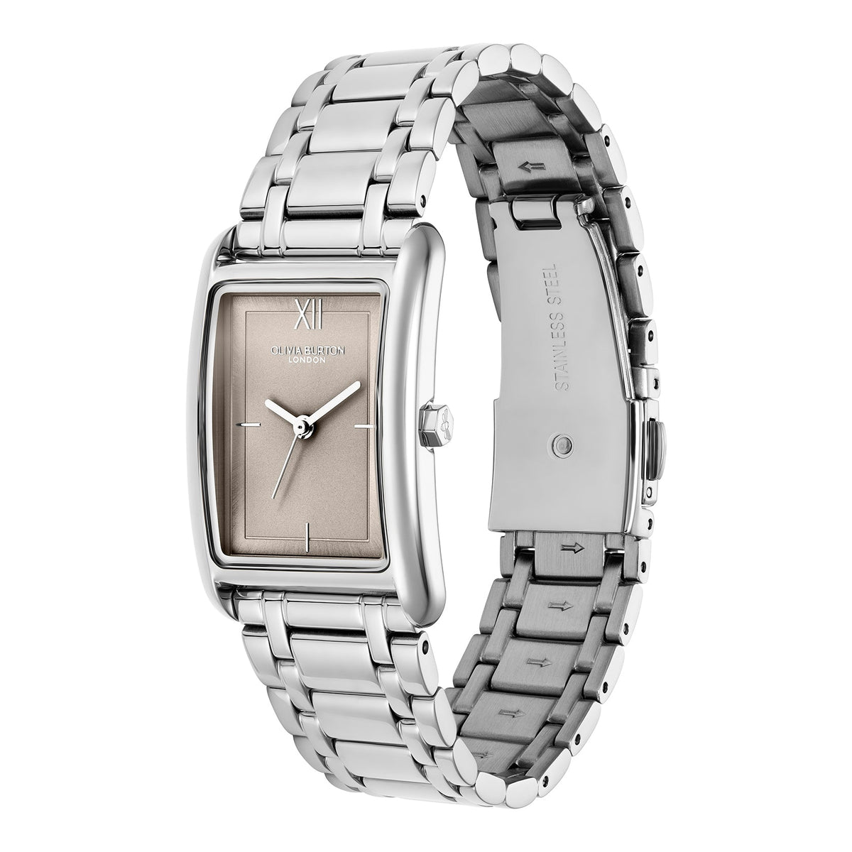 The Olivia Burton Ladies Classics Grove Grey Tank Dial Bracelet Watch, a grey stainless steel bracelet watch from Olivia Burton, OD’s Jewellers St Helens