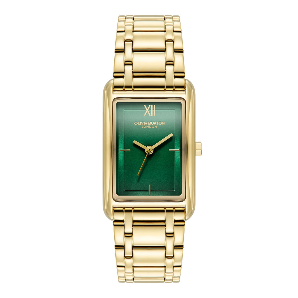 The Olivia Burton Ladies Classics Grove Green Tank Dial Bracelet Watch Gold Plated, a green bracelet watch from Olivia Burton, available at OD’s Jewellers in St Helens