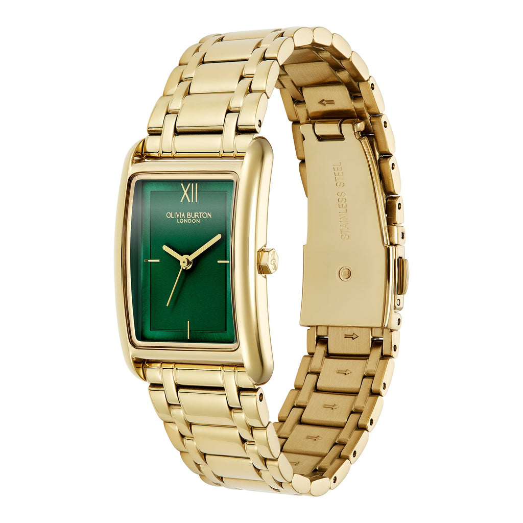 The Olivia Burton Grove Green Tank Dial Bracelet Watch Gold Plated, a green gold plated watch from Olivia Burton, available at OD’s Jewellers in St Helens