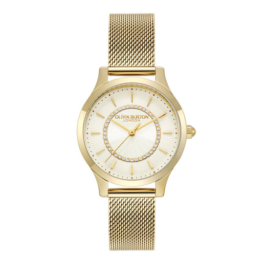 Olivia Burton Ladies Signature Ivory Sunburst Dial Mesh Bracelet Watch Gold Plated 24000214