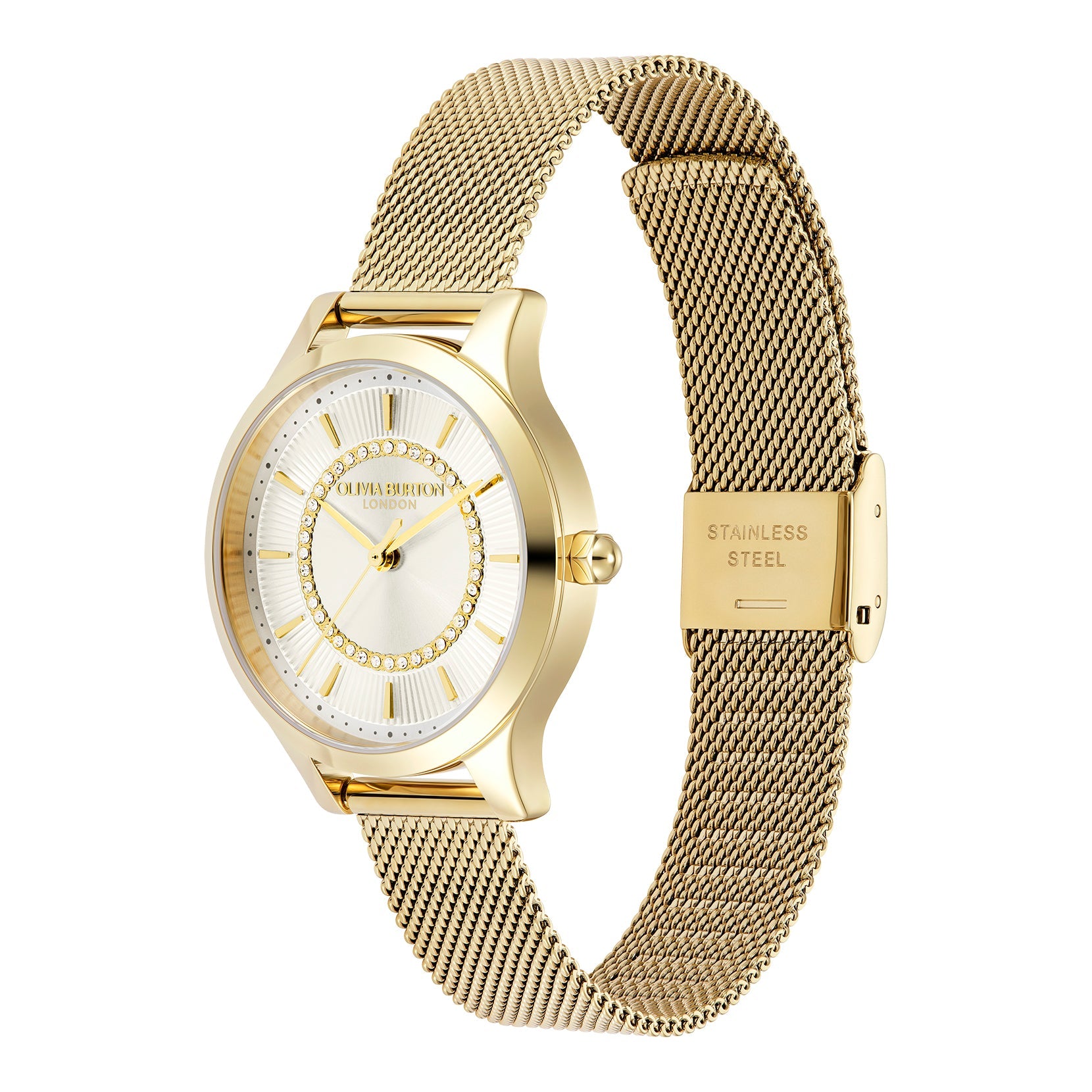 Olivia Burton Ladies Signature Ivory Sunburst Dial Mesh Bracelet Watch Gold Plated by Olivia Burton