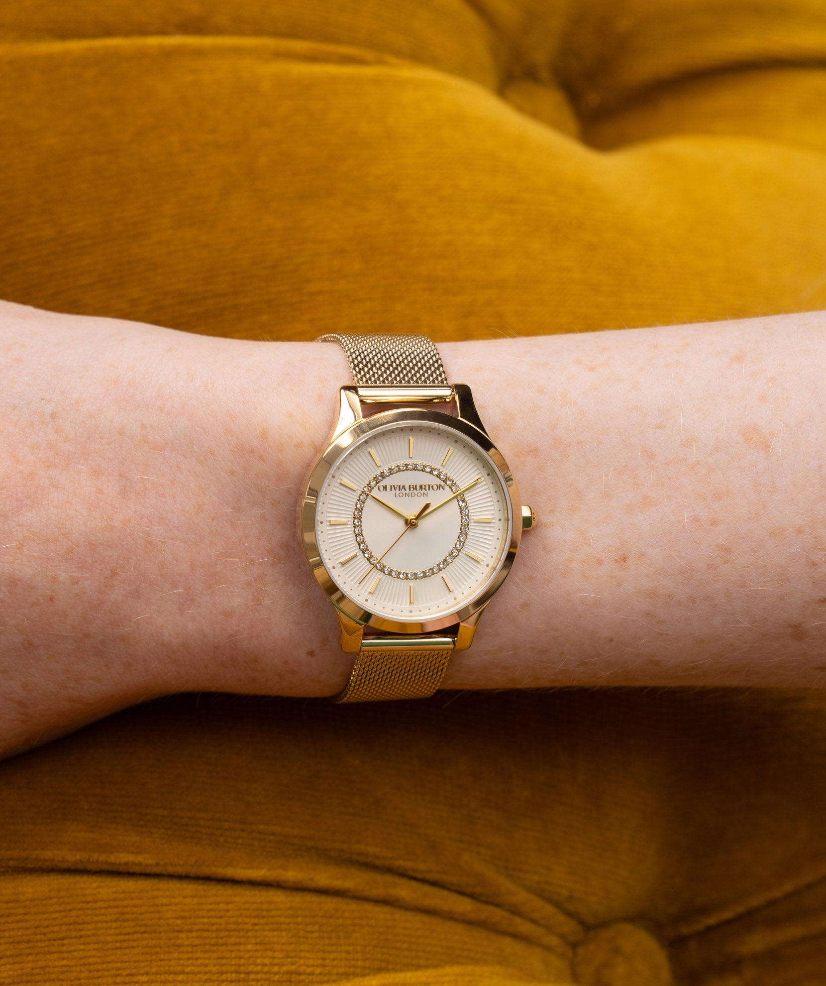 Olivia Burton Ladies Signature Ivory Sunburst Dial Mesh Bracelet Watch Gold Plated by Olivia Burton