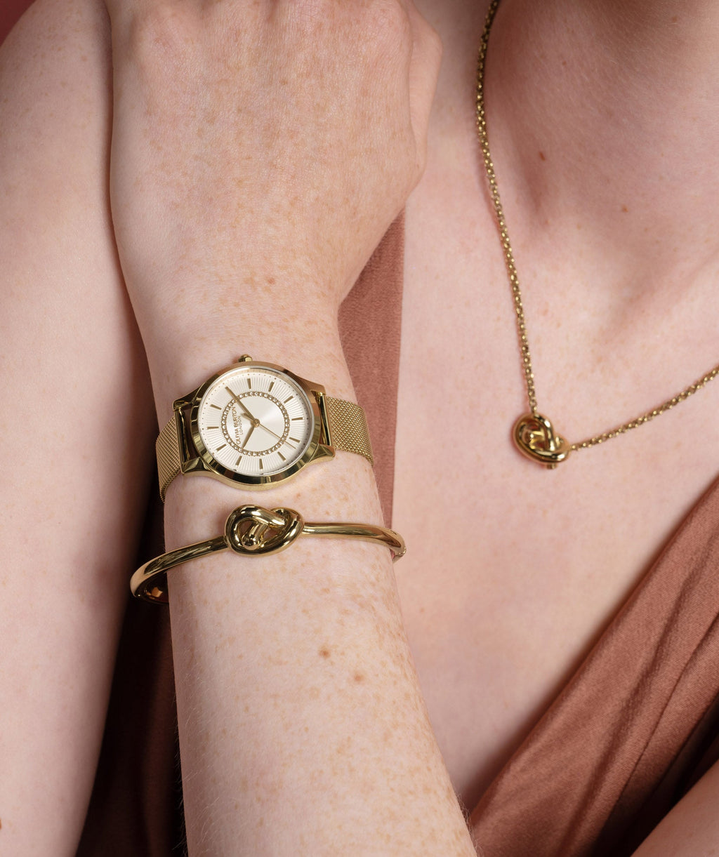 Olivia Burton Ladies Signature Ivory Sunburst Dial Mesh Bracelet Watch Gold Plated by Olivia Burton