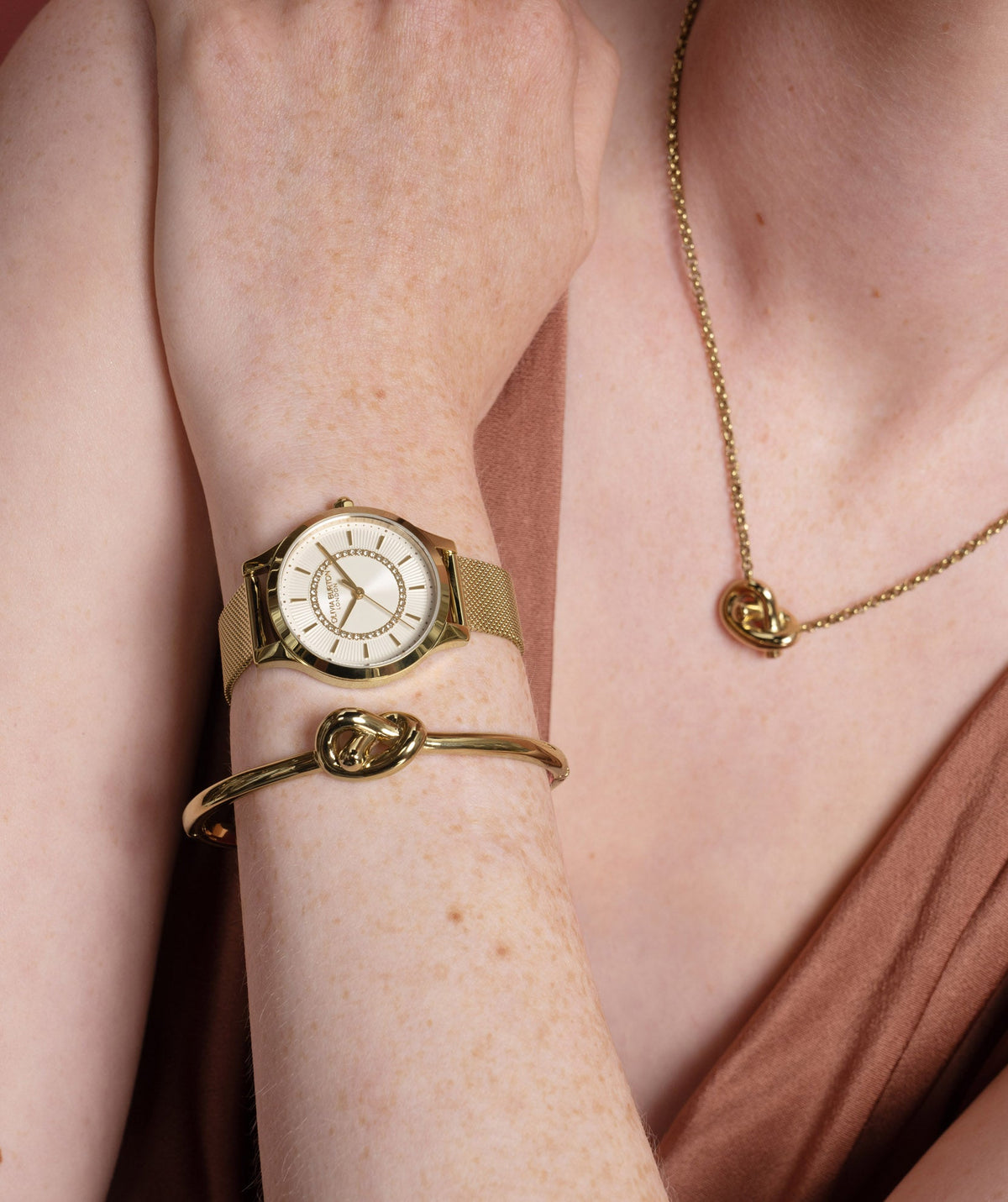 Olivia Burton Ladies Signature Ivory Sunburst Dial Mesh Bracelet Watch Gold Plated by Olivia Burton