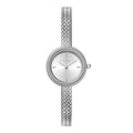 Silver wristwatch with a braided metal band.
