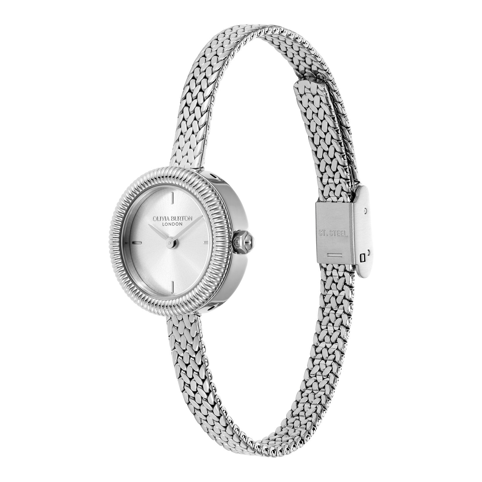 Silver Olivia Burton London watch with braided metal band.