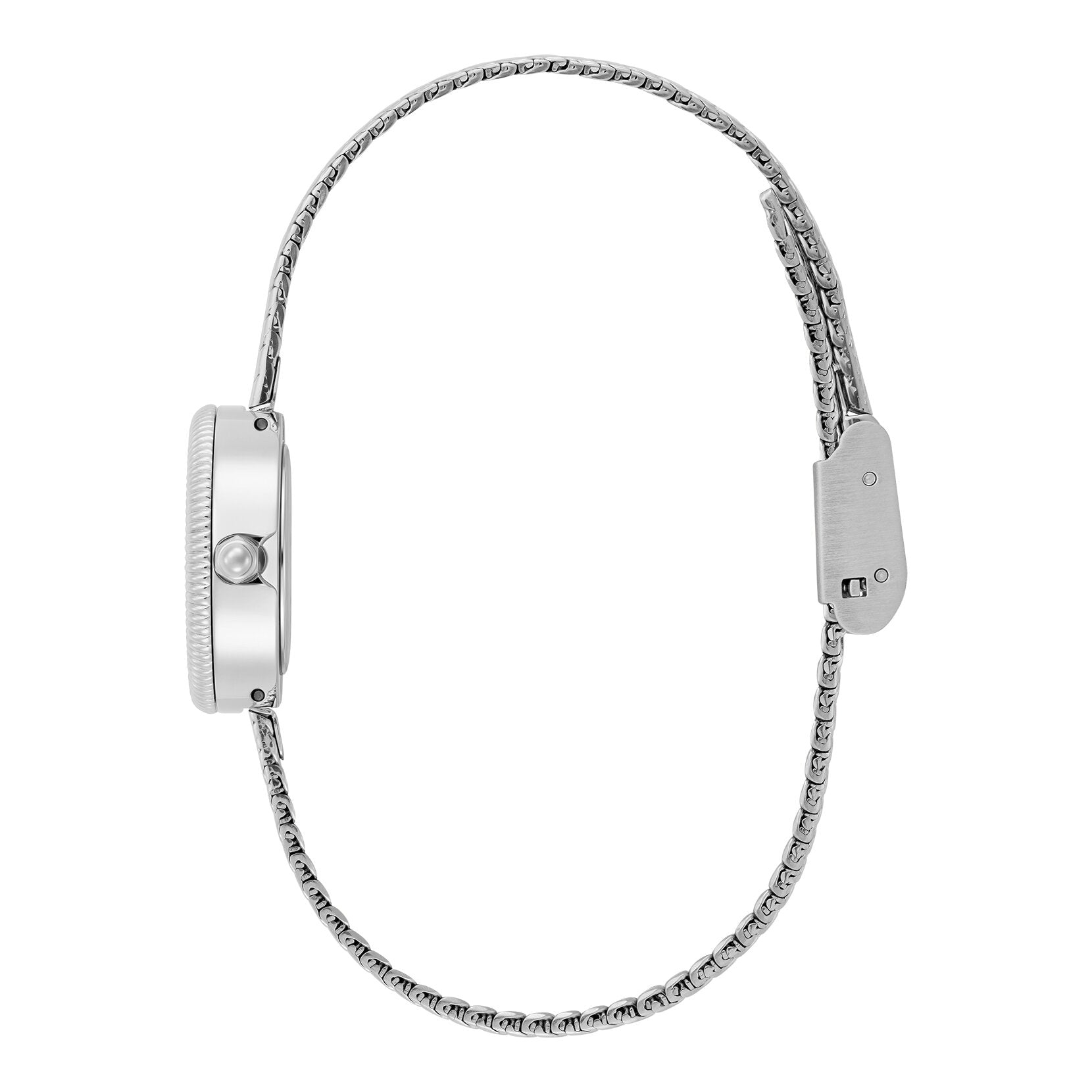 Side view of a silver wristwatch.
