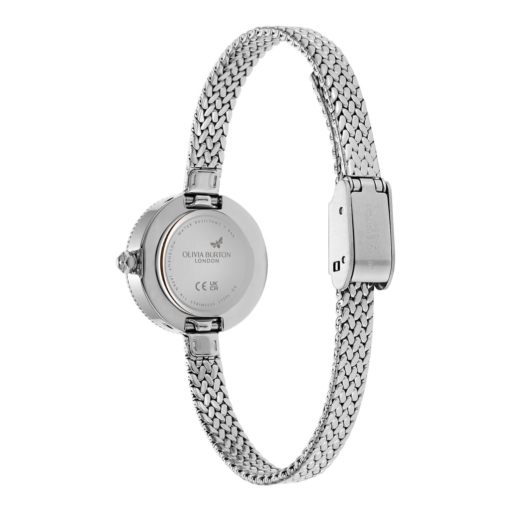Silver Olivia Burton watch with a woven band.