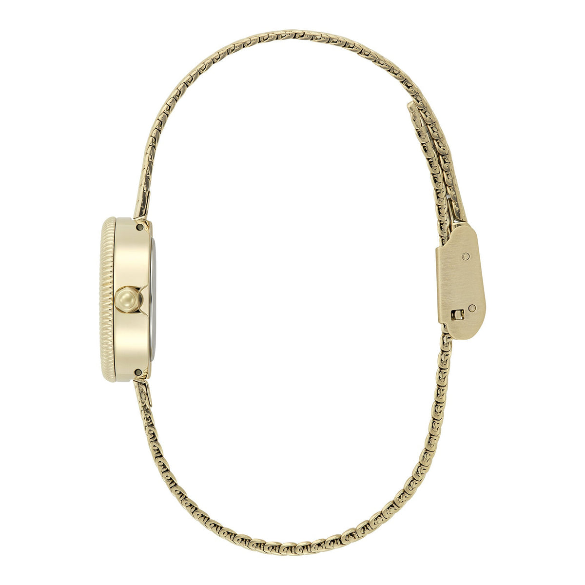 Gold-toned watch with a mesh band.