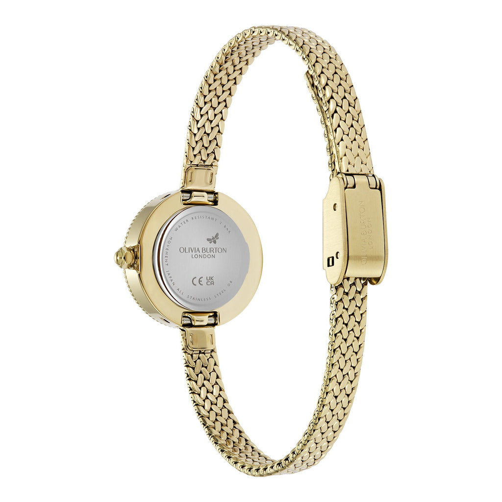 Gold watch with a mesh strap.