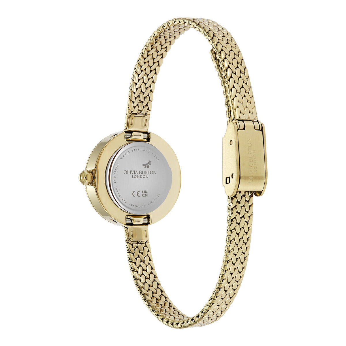 Gold watch with a mesh strap.