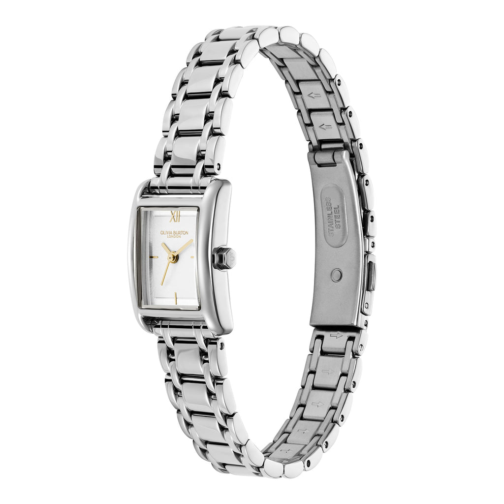 Silver Olivia Burton rectangular wristwatch.
