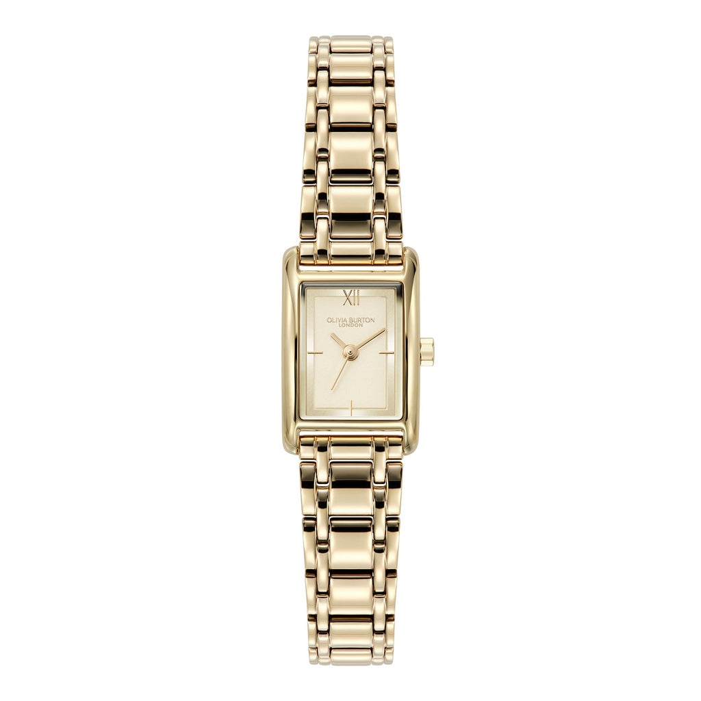 Gold rectangle watch with metal band.