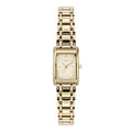 Gold rectangle watch with metal band.
