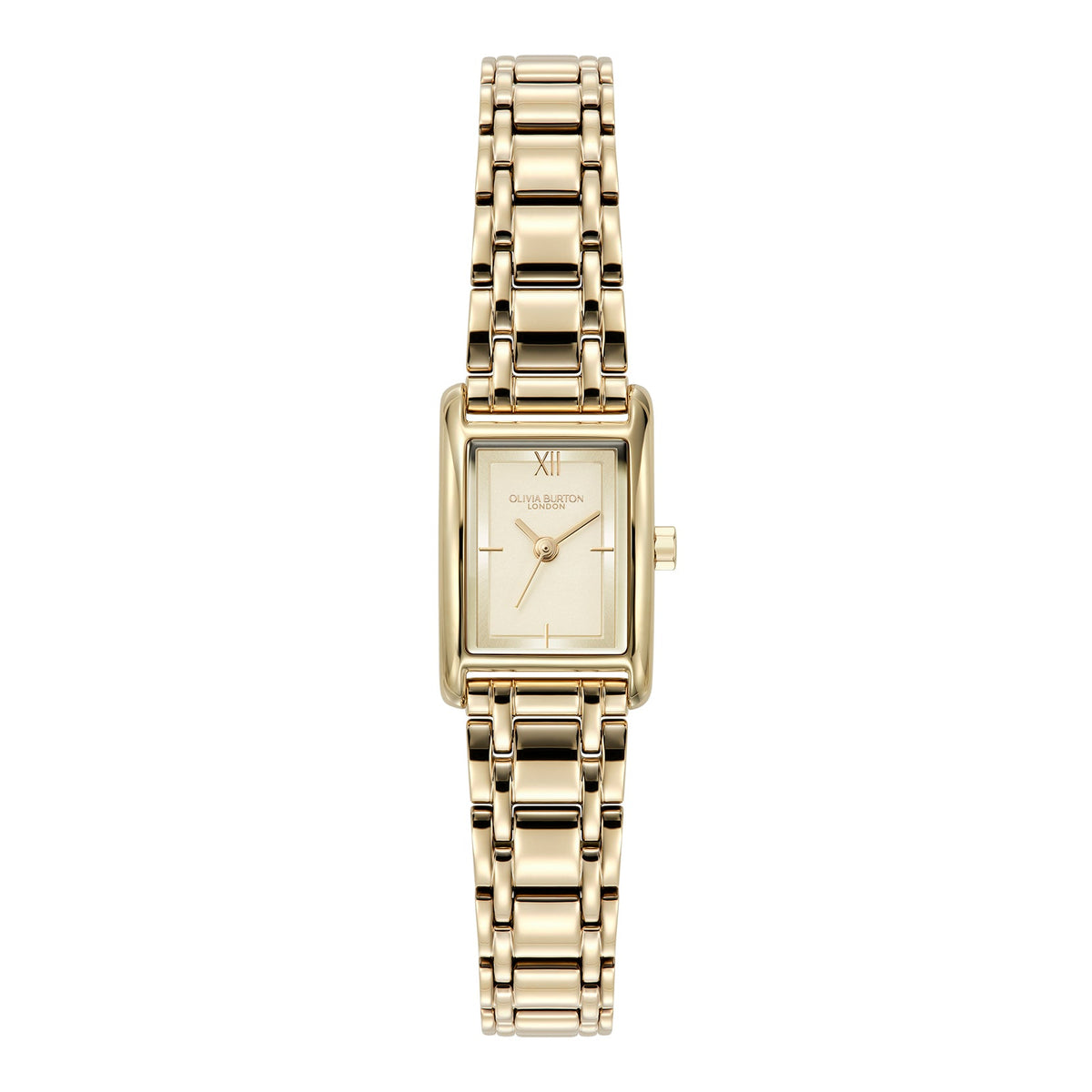 Gold rectangle watch with metal band.