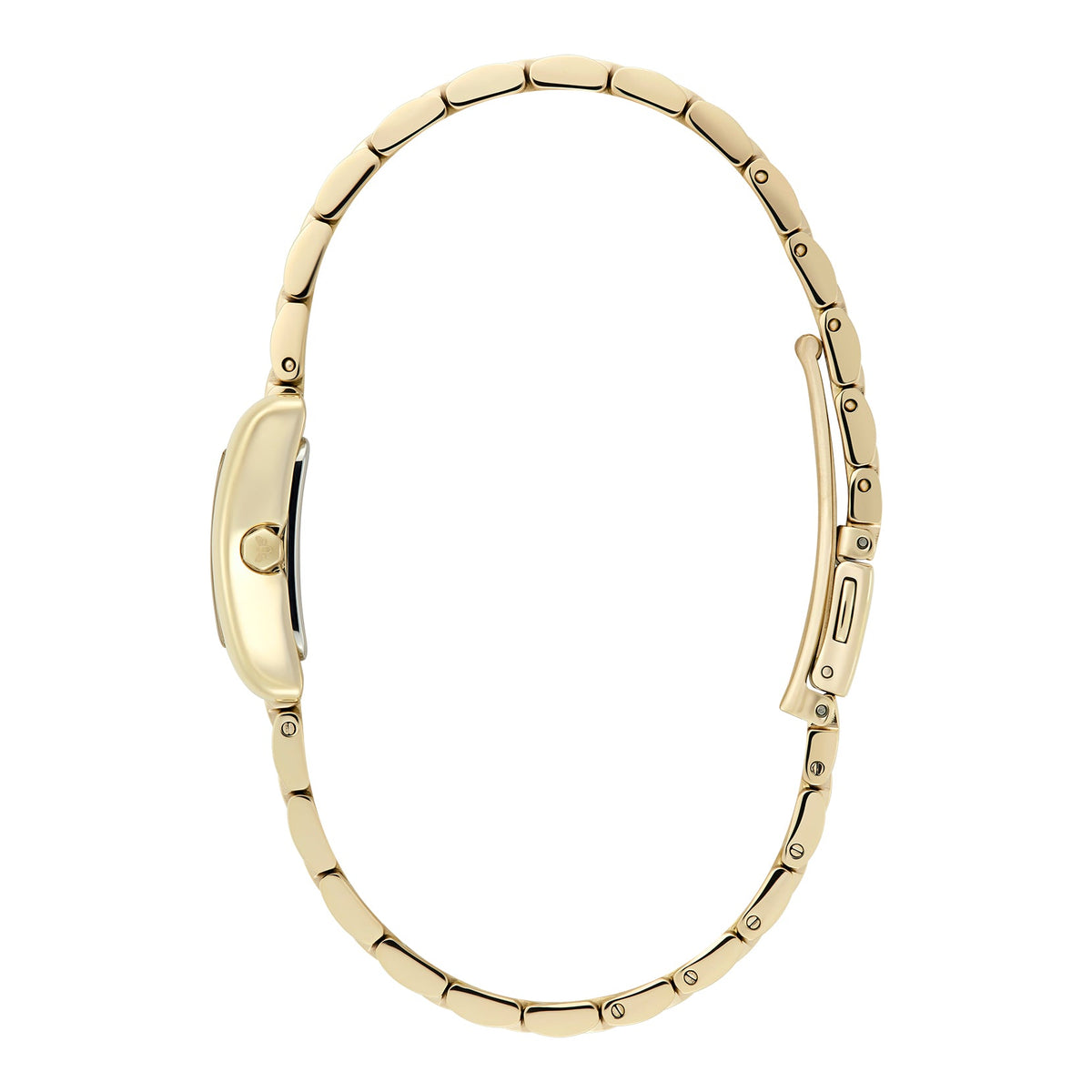 Gold wristwatch with metal band.