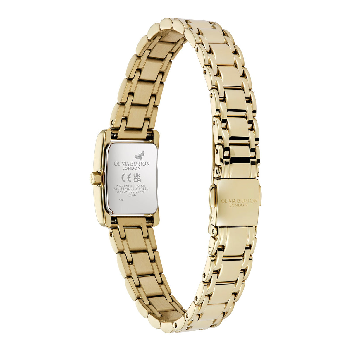 Gold Olivia Burton watch, back view.
