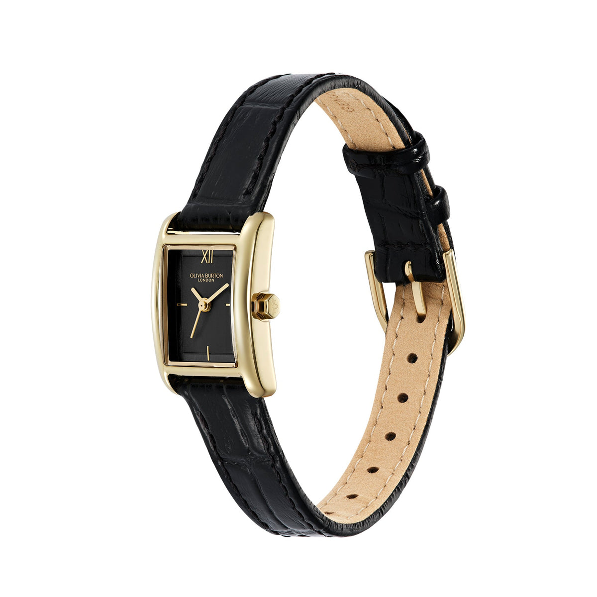 Gold-tone rectangular watch with black leather strap.