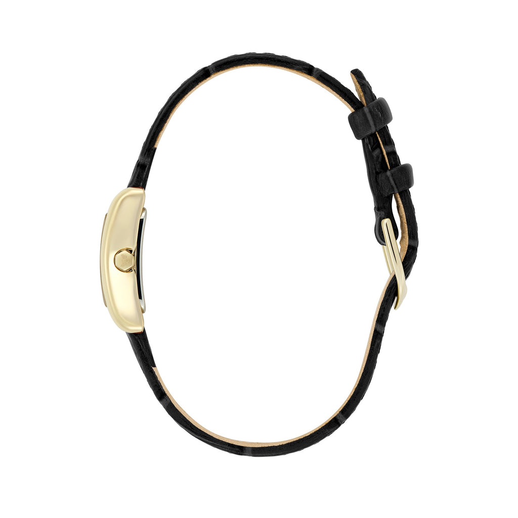 Gold watch with a black leather band.
