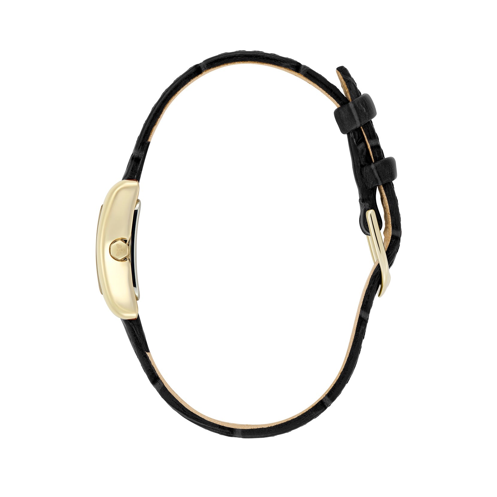 Gold watch with a black leather band.
