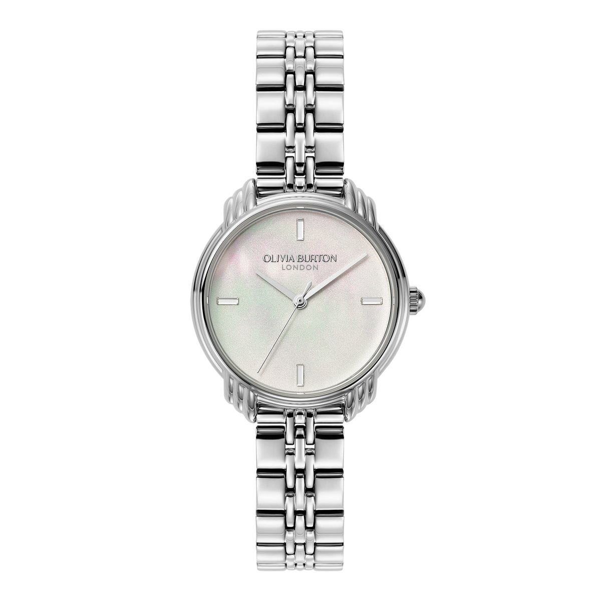 Silver Olivia Burton watch with a pearlescent face.
