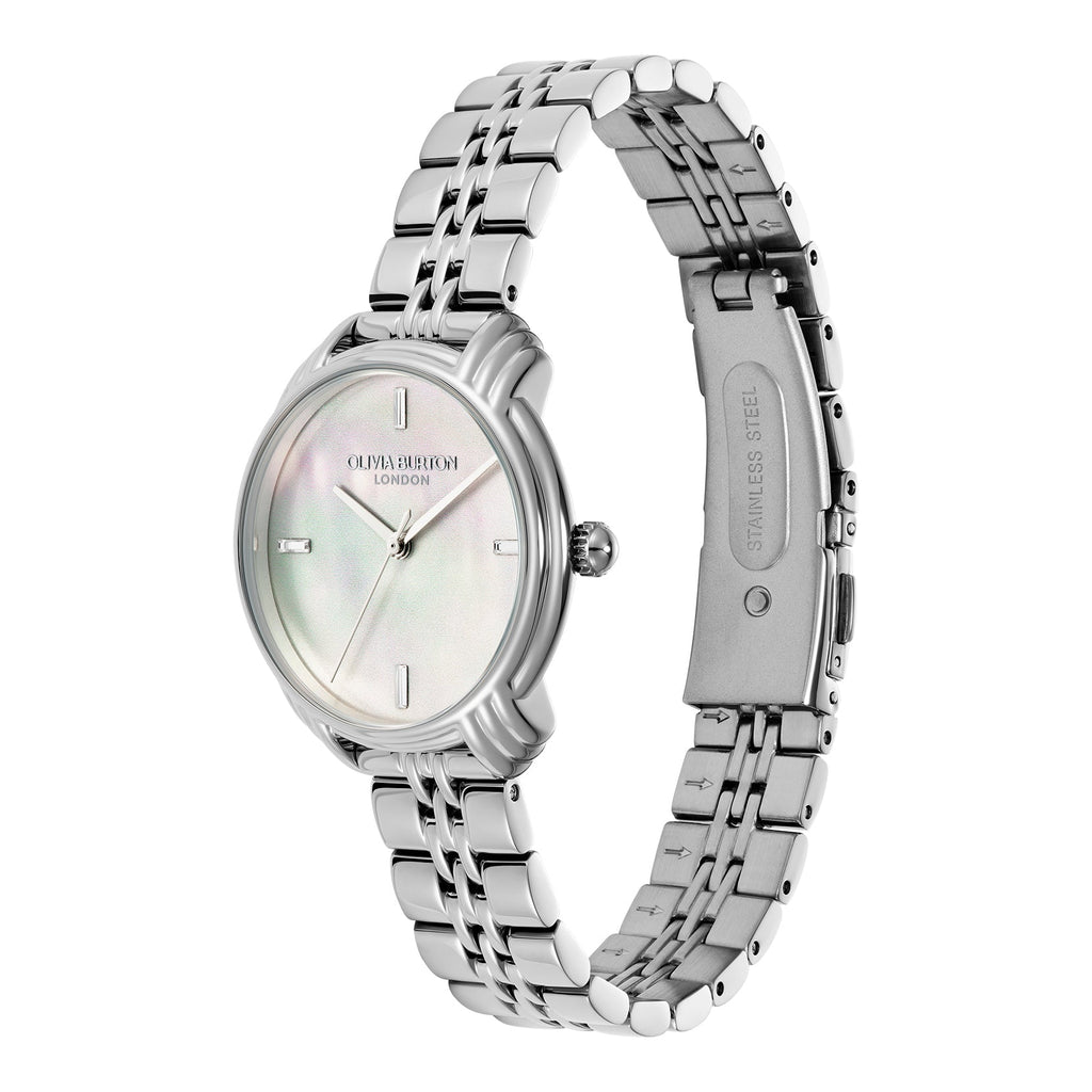 Silver Olivia Burton watch with a pearlescent dial and stainless steel band.