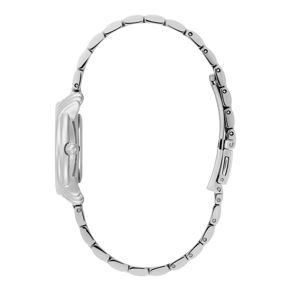 Side view of a silver wristwatch.
