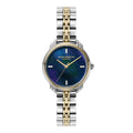 Close-up of a silver and gold Olivia Burton wristwatch with a blue and purple marbled face.