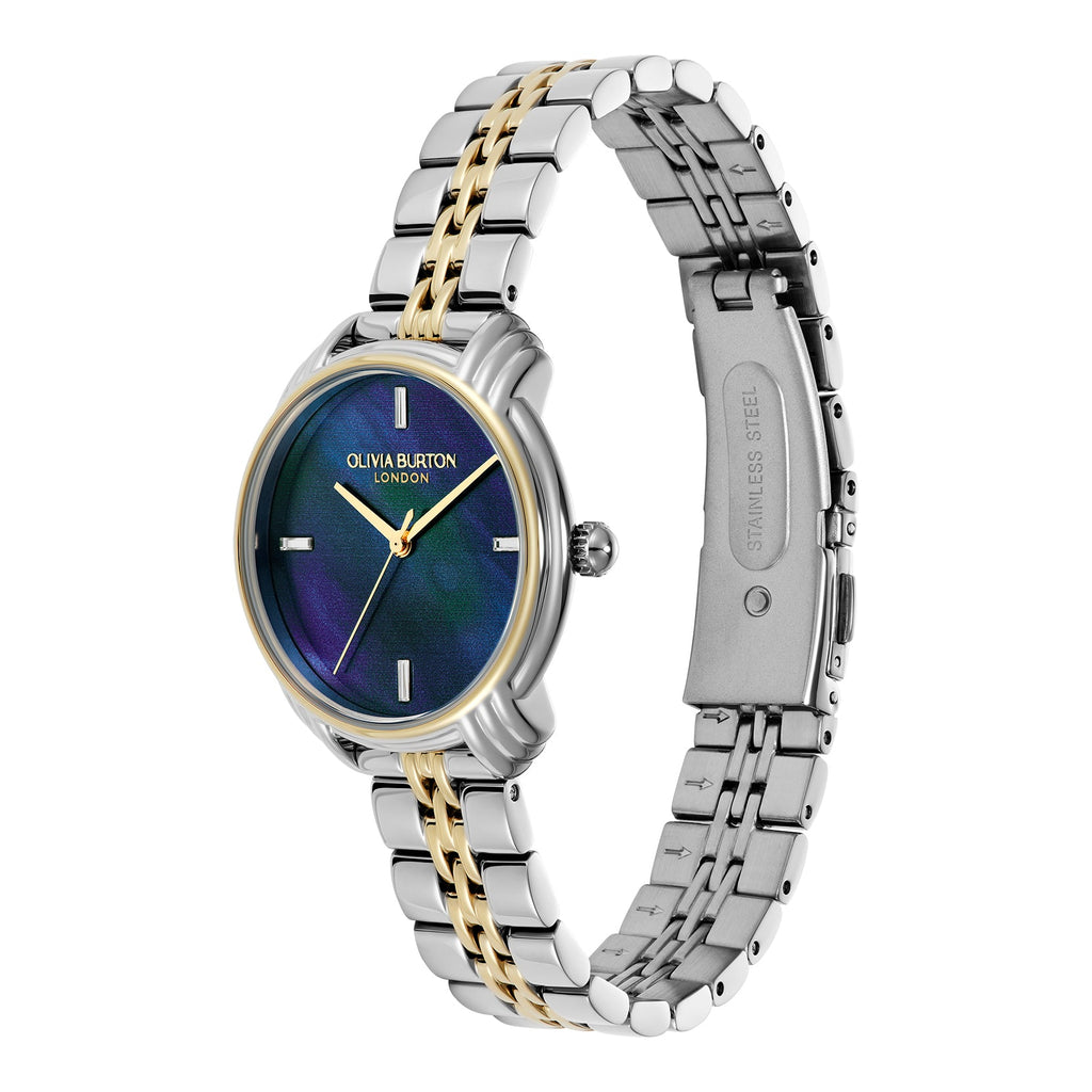 Olivia Burton watch with a silver and gold band.